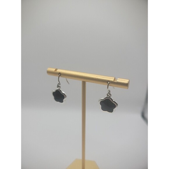 KC Silver Tone Hook Dangle Drop Earrins Pierced Clover Black Jewelry Costume - Picture 10 of 10